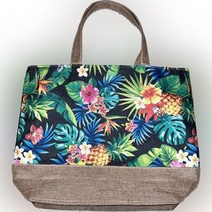 Tan and Green Tropical Tote Bag with Tweed Handles